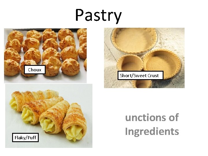 Pastry Choux Flaky/Puff Short/Sweet Crust unctions of Ingredients 