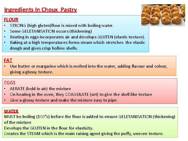 Ingredients In Choux Pastry FLOUR • • STRONG (high gluten)flour is mixed with boiling
