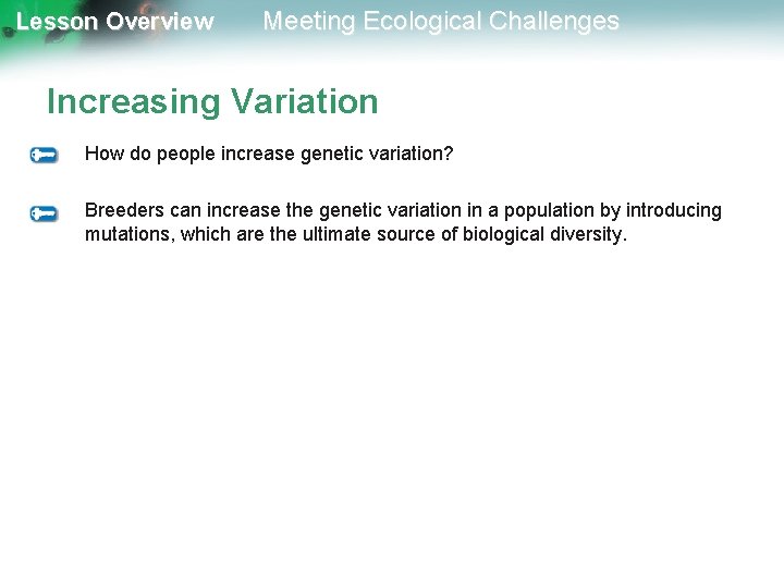 Lesson Overview Meeting Ecological Challenges Increasing Variation How do people increase genetic variation? Breeders