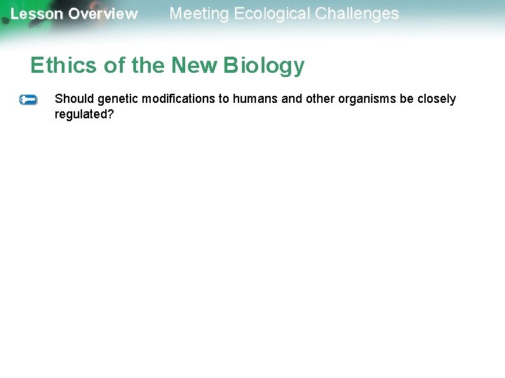 Lesson Overview Meeting Ecological Challenges Ethics of the New Biology Should genetic modifications to