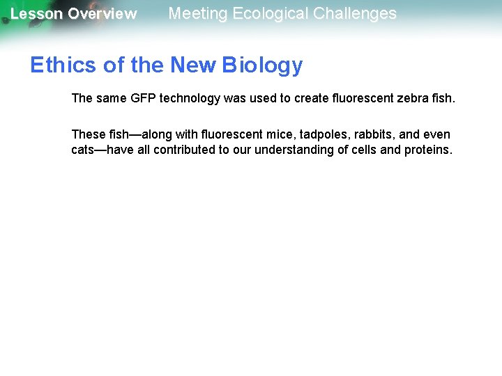 Lesson Overview Meeting Ecological Challenges Ethics of the New Biology The same GFP technology