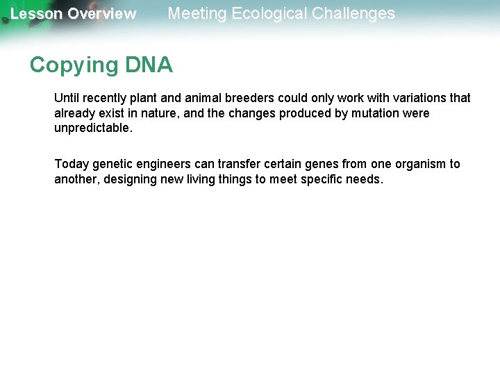 Lesson Overview Meeting Ecological Challenges Copying DNA Until recently plant and animal breeders could