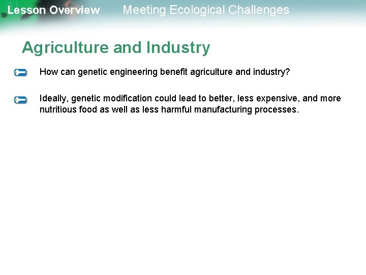 Lesson Overview Meeting Ecological Challenges Agriculture and Industry How can genetic engineering benefit agriculture