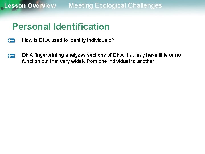 Lesson Overview Meeting Ecological Challenges Personal Identification How is DNA used to identify individuals?
