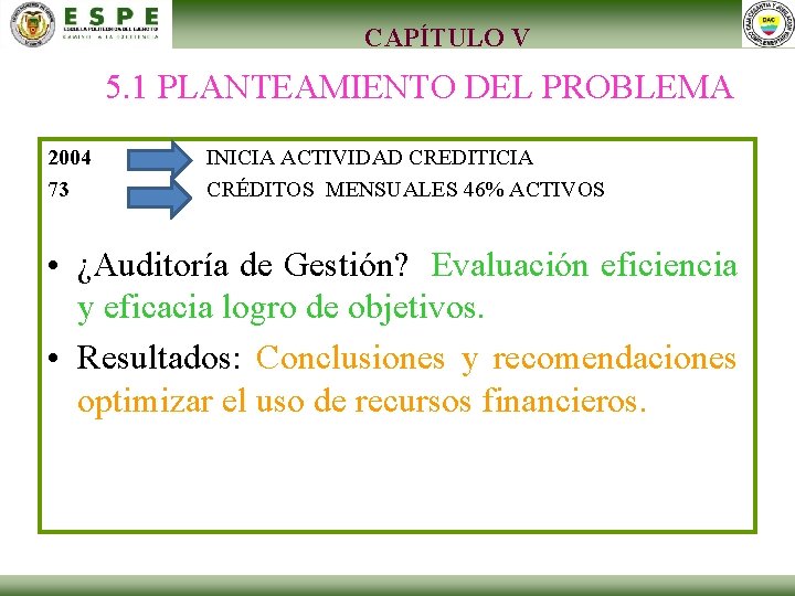 CAPÍTULO V 5. 1 PLANTEAMIENTO DEL PROBLEMA 2004 73 INICIA ACTIVIDAD CREDITICIA CRÉDITOS MENSUALES