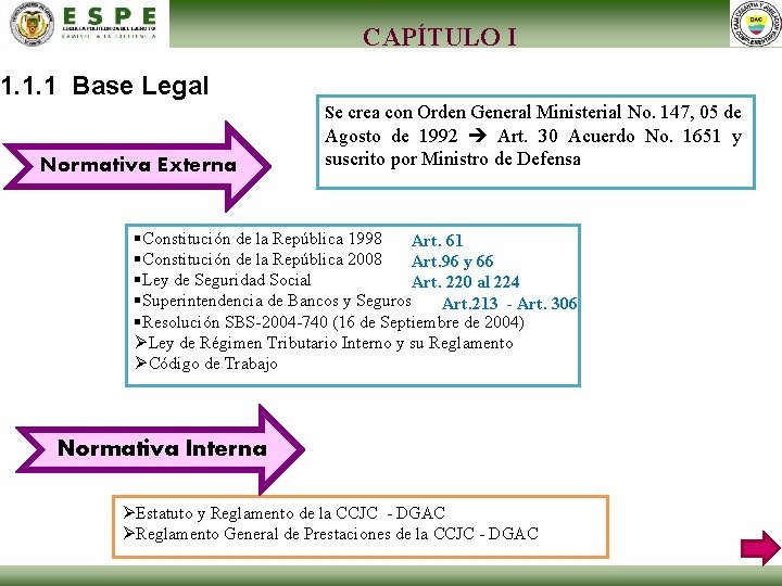 CAPÍTULO I 1. 1. 1 Base Legal Se crea con Orden General Ministerial No.