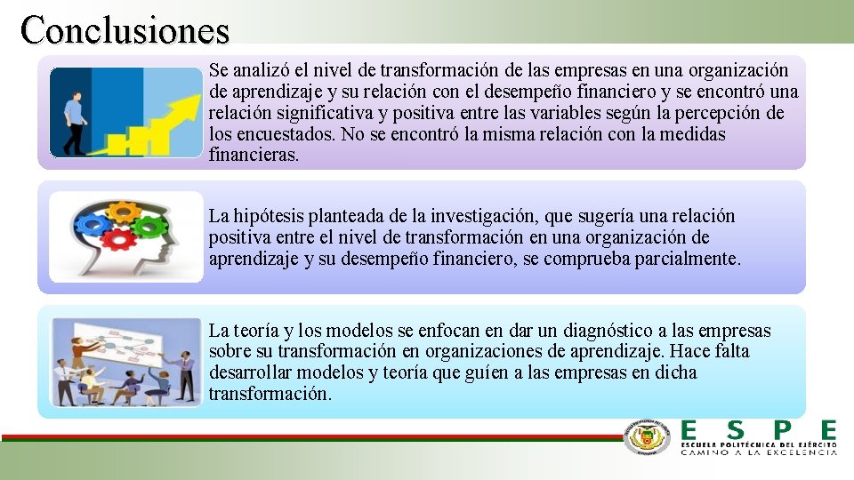 Conclusiones Se analizó el nivel de transformación de las empresas en una organización de