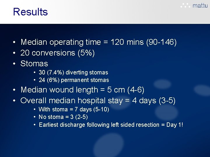 Results • Median operating time = 120 mins (90 -146) • 20 conversions (5%) Results • Median operating time = 120 mins (90 -146) • 20 conversions (5%)