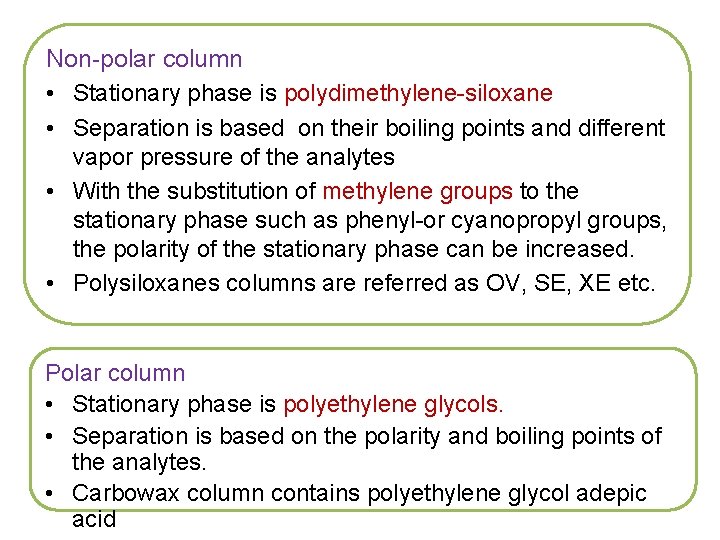 Non-polar column • Stationary phase is polydimethylene-siloxane • Separation is based on their boiling