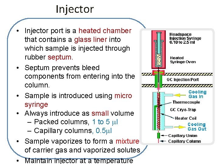 Injector • Injector port is a heated chamber that contains a glass liner into