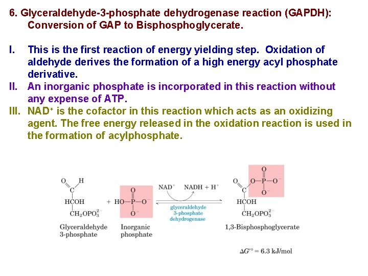 6. Glyceraldehyde-3 -phosphate dehydrogenase reaction (GAPDH): Conversion of GAP to Bisphoglycerate. I. This is