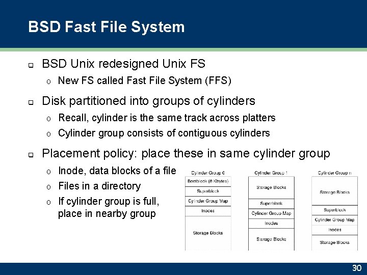 BSD Fast File System q BSD Unix redesigned Unix FS o q New FS