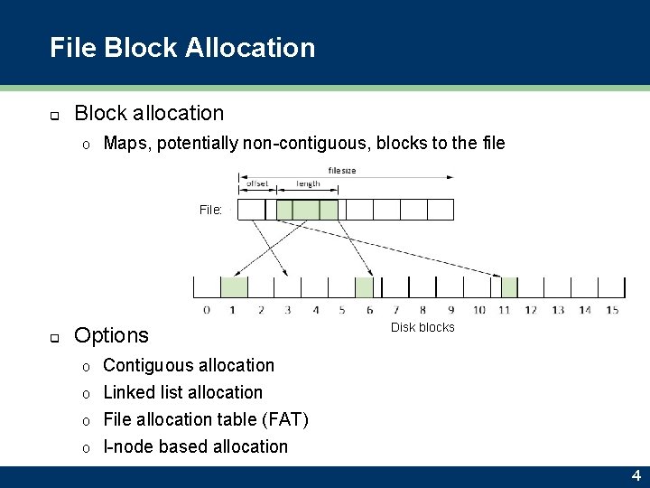 File Block Allocation q Block allocation o Maps, potentially non-contiguous, blocks to the file