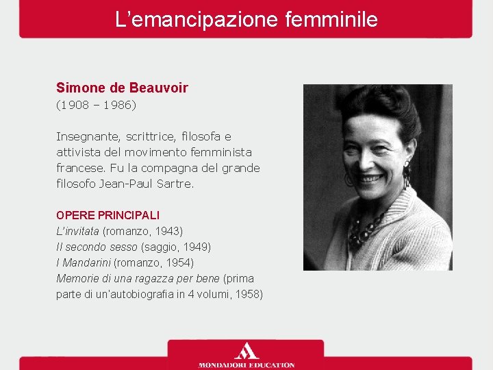 L’emancipazione femminile Simone de Beauvoir (1908 – 1986) Insegnante, scrittrice, filosofa e attivista del