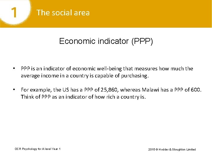 The social area Economic indicator (PPP) • PPP is an indicator of economic well-being