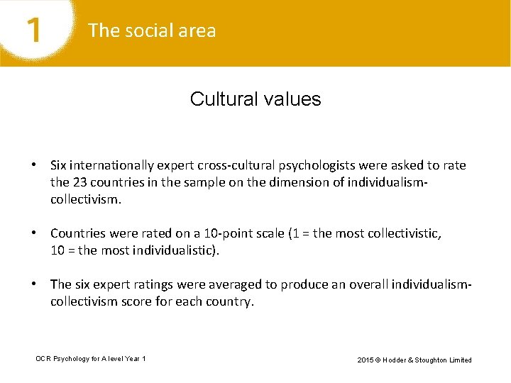 The social area Cultural values • Six internationally expert cross-cultural psychologists were asked to