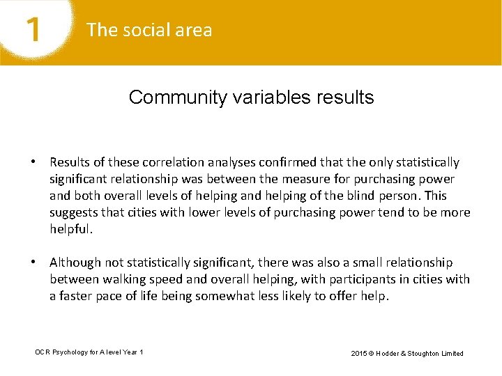 The social area Community variables results • Results of these correlation analyses confirmed that