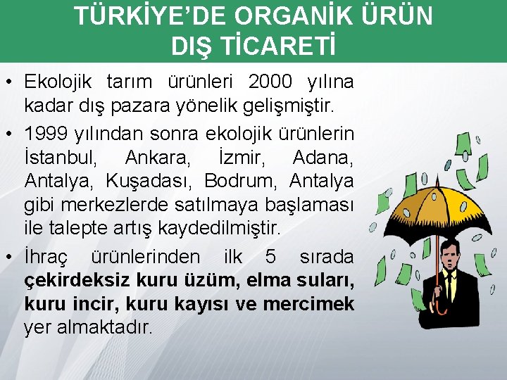 TÜRKİYE’DE ORGANİK ÜRÜN DIŞ TİCARETİ • Ekolojik tarım ürünleri 2000 yılına kadar dış pazara