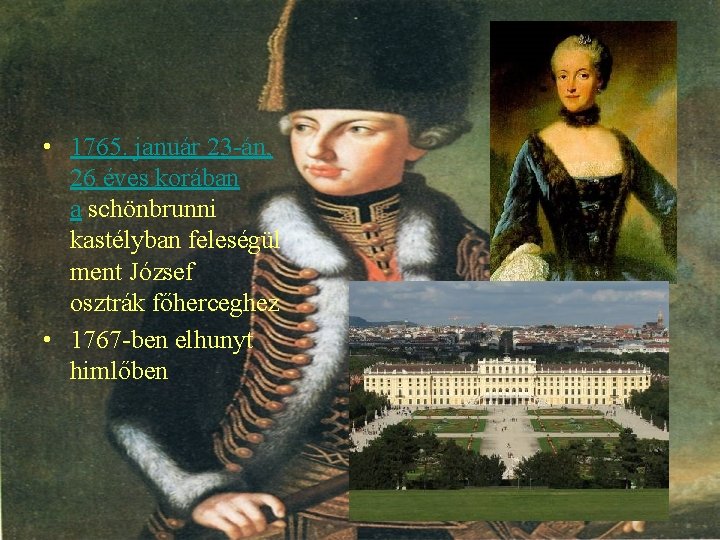  • 1765. január 23 -án, 26 éves korában a schönbrunni kastélyban feleségül ment