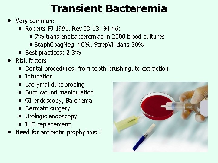 Transient Bacteremia • • • Very common: • Roberts FJ 1991. Rev ID 13: Transient Bacteremia • • • Very common: • Roberts FJ 1991. Rev ID 13: