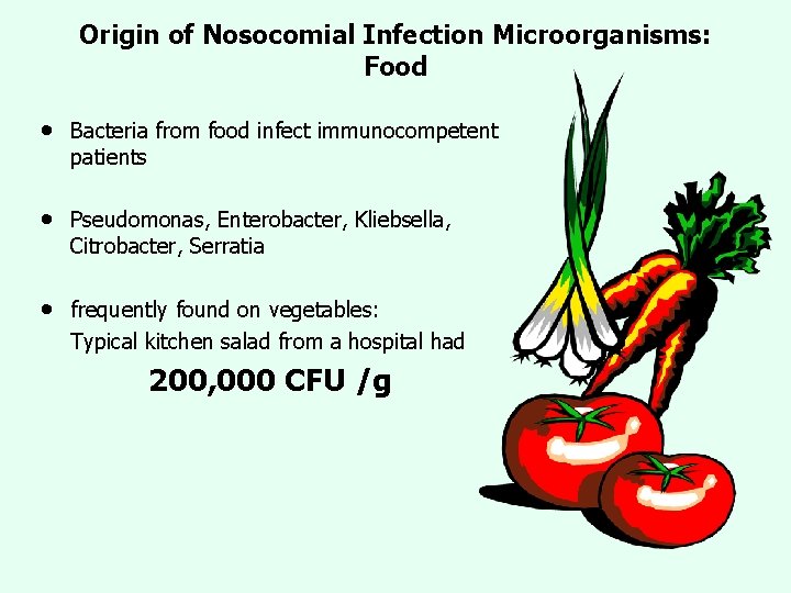 Origin of Nosocomial Infection Microorganisms: Food • Bacteria from food infect immunocompetent patients • Origin of Nosocomial Infection Microorganisms: Food • Bacteria from food infect immunocompetent patients •