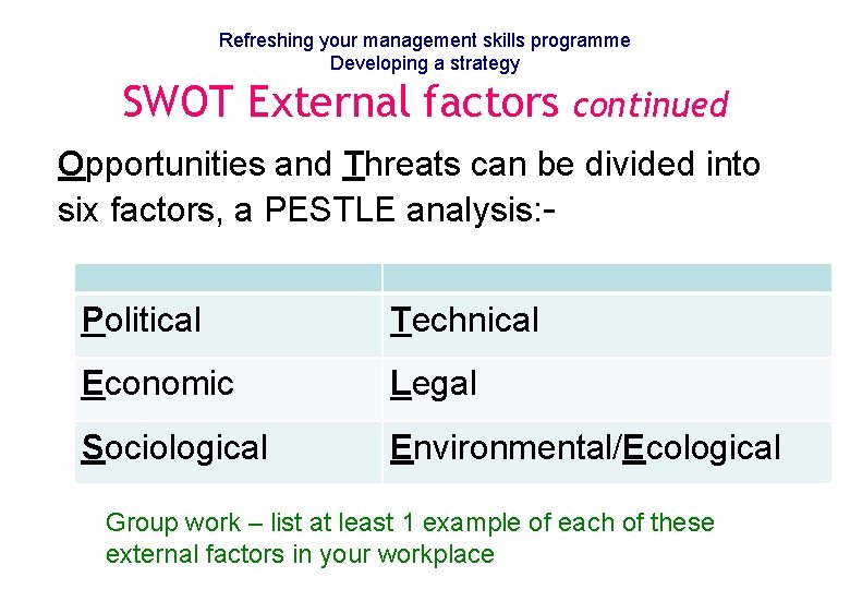 Refreshing your management skills programme Developing a strategy SWOT External factors continued Opportunities and