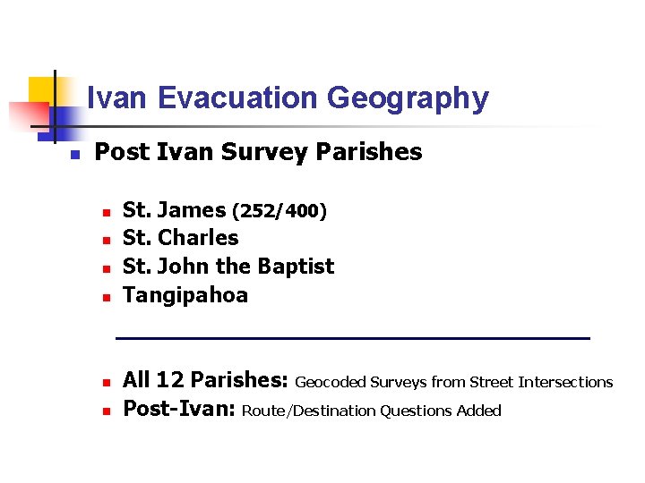 Ivan Evacuation Geography n Post Ivan Survey Parishes n n n St. James (252/400)