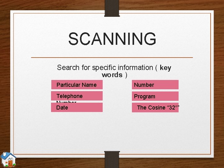 SCANNING Search for specific information ( key words ) Particular Name Number Telephone Number