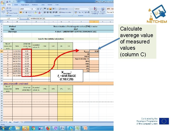 Calculate averege value of measured values (column C) Xaverage: fx =AVERAGE (C 10: C