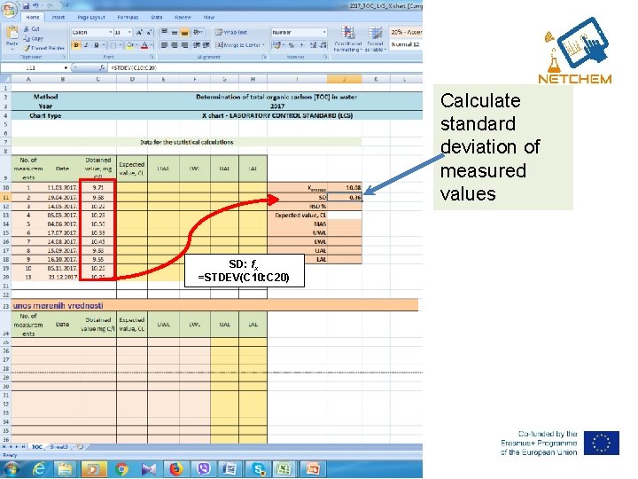 Calculate standard deviation of measured values RSD = SD: (J 11/J 0)*100 fx =STDEV(C