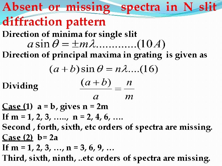 Absent or missing spectra in N slit diffraction pattern Direction of minima for single