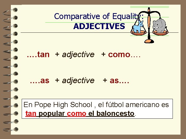 Comparative of Equality: ADJECTIVES …. tan + adjective + como…. …. as + adjective