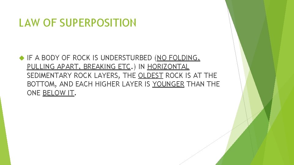 LAW OF SUPERPOSITION IF A BODY OF ROCK IS UNDERSTURBED (NO FOLDING, PULLING APART,