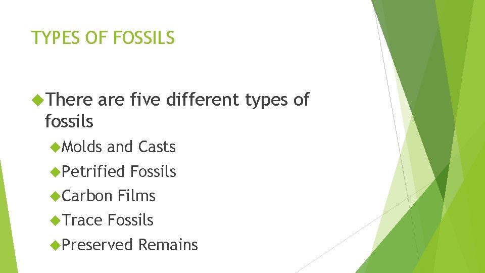 TYPES OF FOSSILS There are five different types of fossils Molds and Casts Petrified