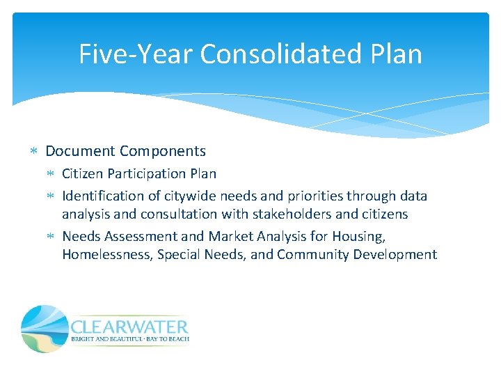 Five-Year Consolidated Plan Document Components Citizen Participation Plan Identification of citywide needs and priorities