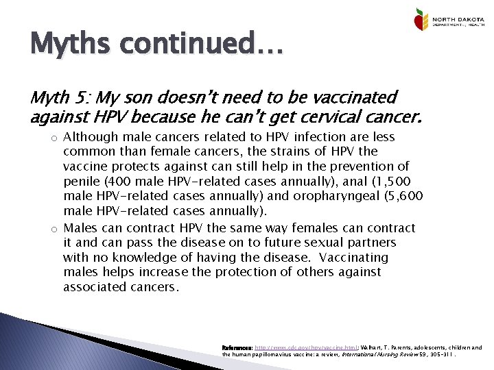 Myths continued… Myth 5: My son doesn’t need to be vaccinated against HPV because