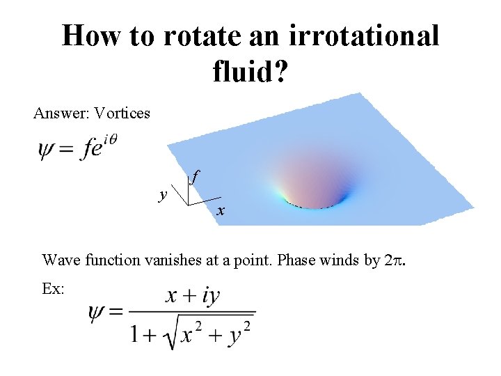 How to rotate an irrotational fluid? Answer: Vortices y f x Wave function vanishes