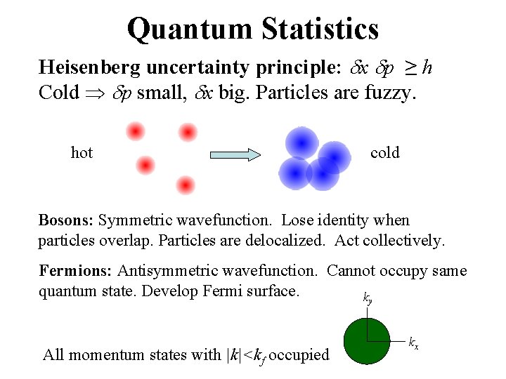 Quantum Statistics Heisenberg uncertainty principle: dx dp ≥ h Cold dp small, dx big.