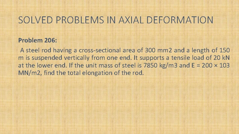 SOLVED PROBLEMS IN AXIAL DEFORMATION Problem 206: A steel rod having a cross-sectional area