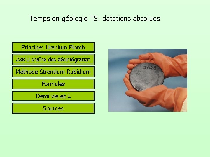 Temps en géologie TS: datations absolues Principe: Uranium Plomb 238 U chaîne des désintégration