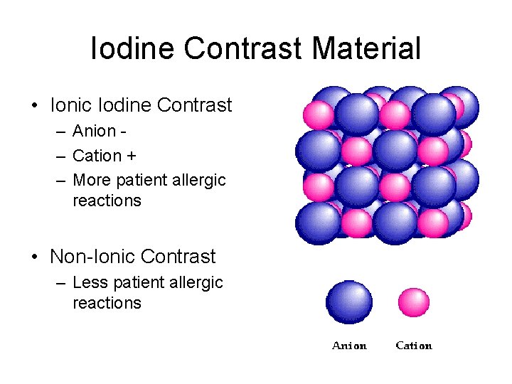 Iodine Contrast Material • Ionic Iodine Contrast – Anion – Cation + – More