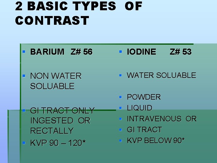 2 BASIC TYPES OF CONTRAST § BARIUM Z# 56 § IODINE § NON WATER