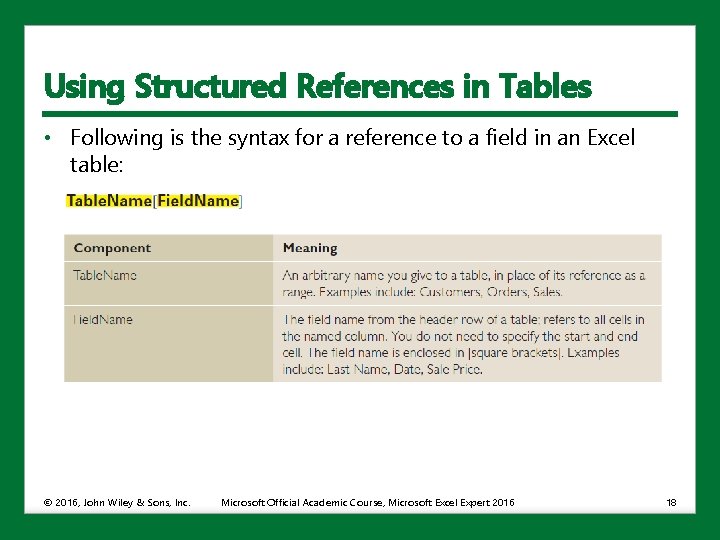 Using Structured References in Tables • Following is the syntax for a reference to