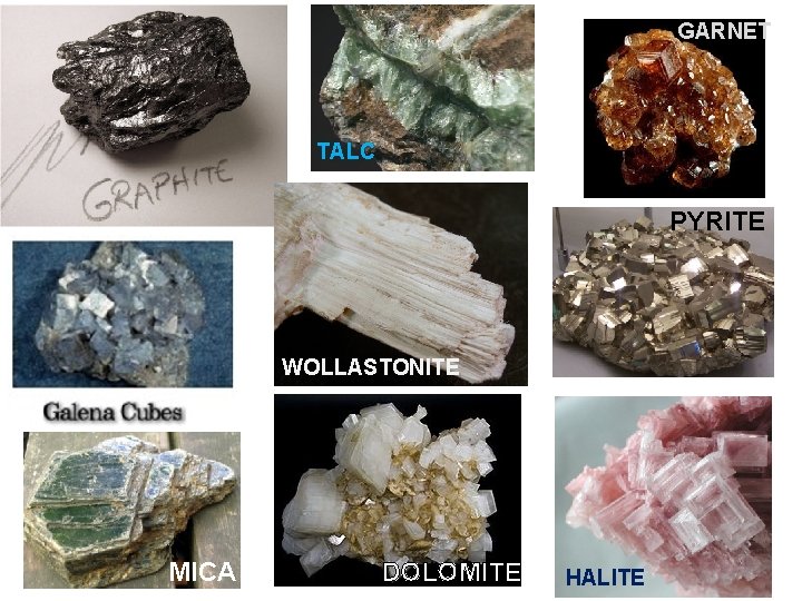 GARNET TALC PYRITE WOLLASTONITE MICA DOLOMITE HALITE 