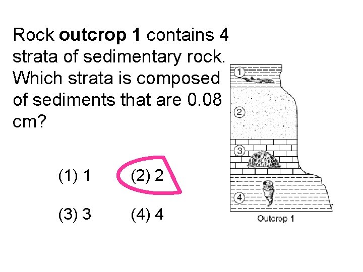 Rock outcrop 1 contains 4 strata of sedimentary rock. Which strata is composed of
