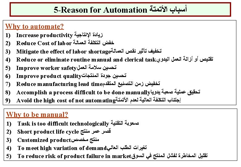 5 -Reason for Automation ﺃﺴﺒﺎﺏ ﺍﻷﺘﻤﺘﺔ Why to automate? 1) 2) 3) 4) 5)