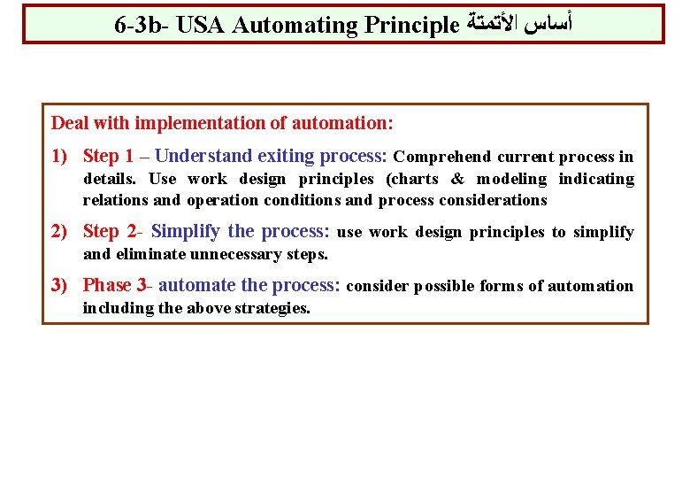 6 -3 b- USA Automating Principle ﺃﺴﺎﺱ ﺍﻷﺘﻤﺘﺔ Deal with implementation of automation: 1)