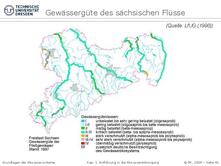Gewässergüte des sächsischen Flüsse (Quelle: Lf. UG (1998)) Grundlagen der Abwassersysteme Kap. 1 Einführung