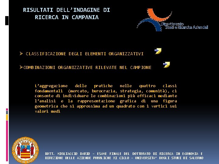 RISULTATI DELL’INDAGINE DI RICERCA IN CAMPANIA Ø CLASSIFICAZIONE DEGLI ELEMENTI ORGANIZZATIVI ØCOMBINAZIONI ORGANIZZATIVE RILEVATE