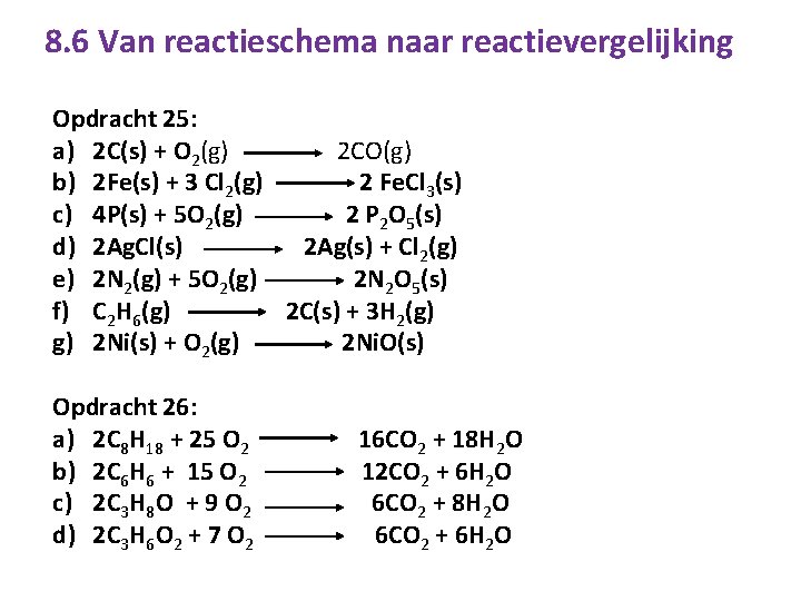 8. 6 Van reactieschema naar reactievergelijking Opdracht 25: a) 2 C(s) + O 2(g)
